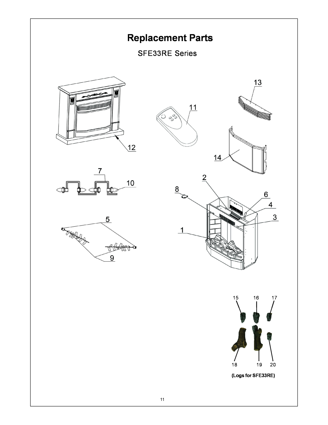 Procom SFE23RE installation instructions SFE33RE Series, Replacement Parts, Logs for SFE33RE 