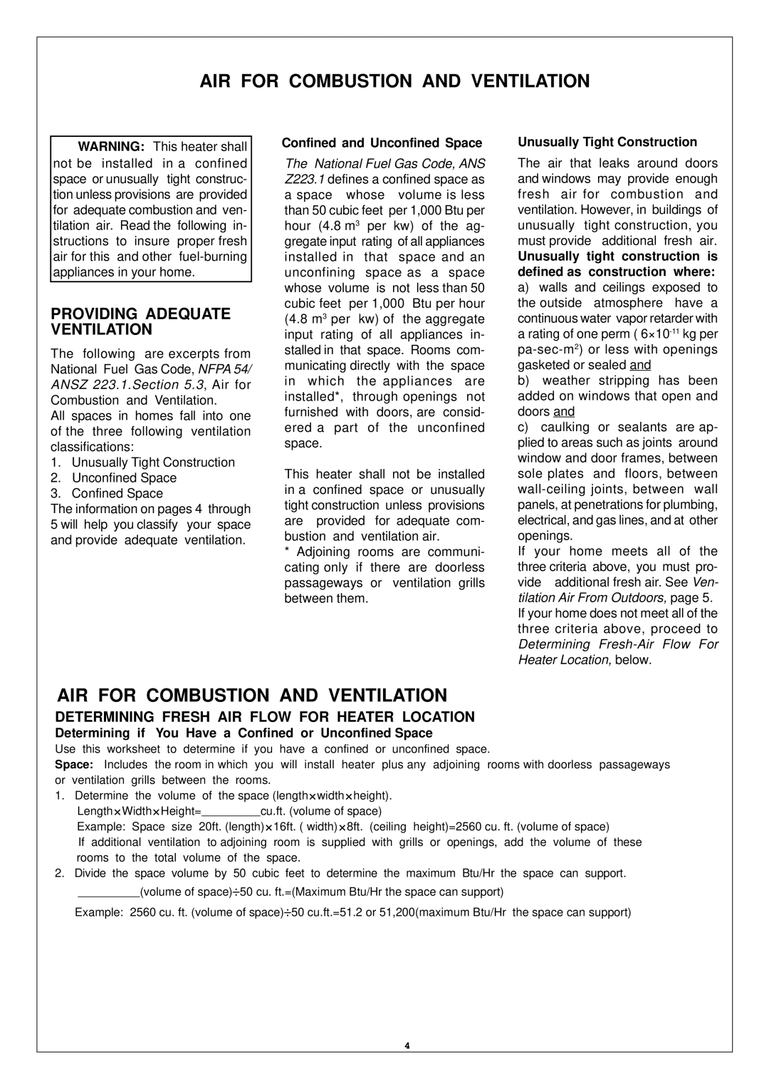 Procom SL250TYLA-D, SN250TYLA-D installation manual AIR for Combustion and Ventilation, Providing Adequate Ventilation 