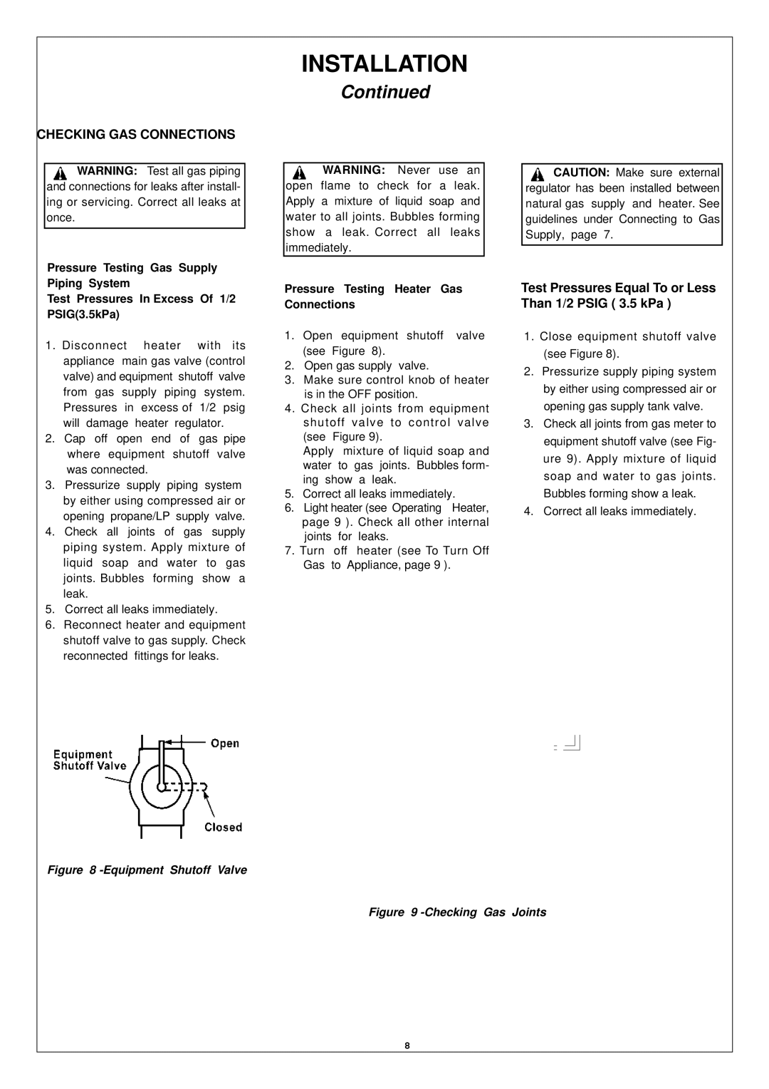 Procom SL250TYLA-D, SN250TYLA-D installation manual Checking GAS Connections, Pressure Testing Heater Gas Connections 