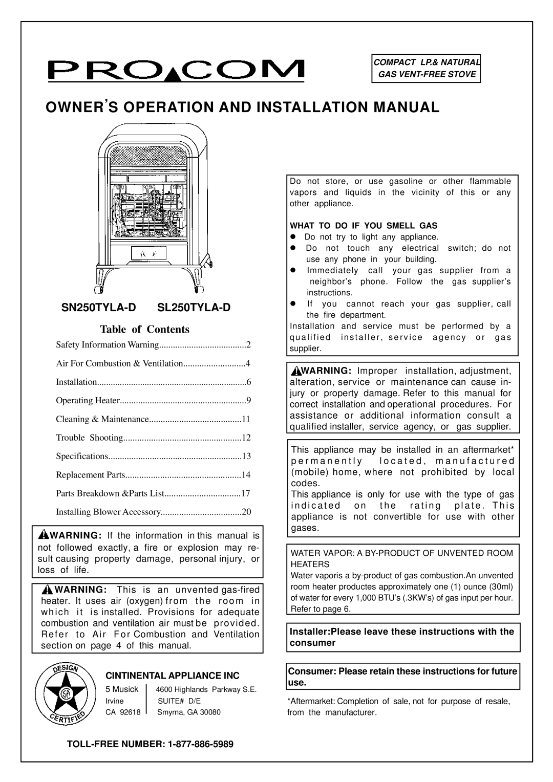 Procom SN250TYLA-D installation manual SL250TYLA-D, Owner’S Operation And Installation Manual, Table of Contents 