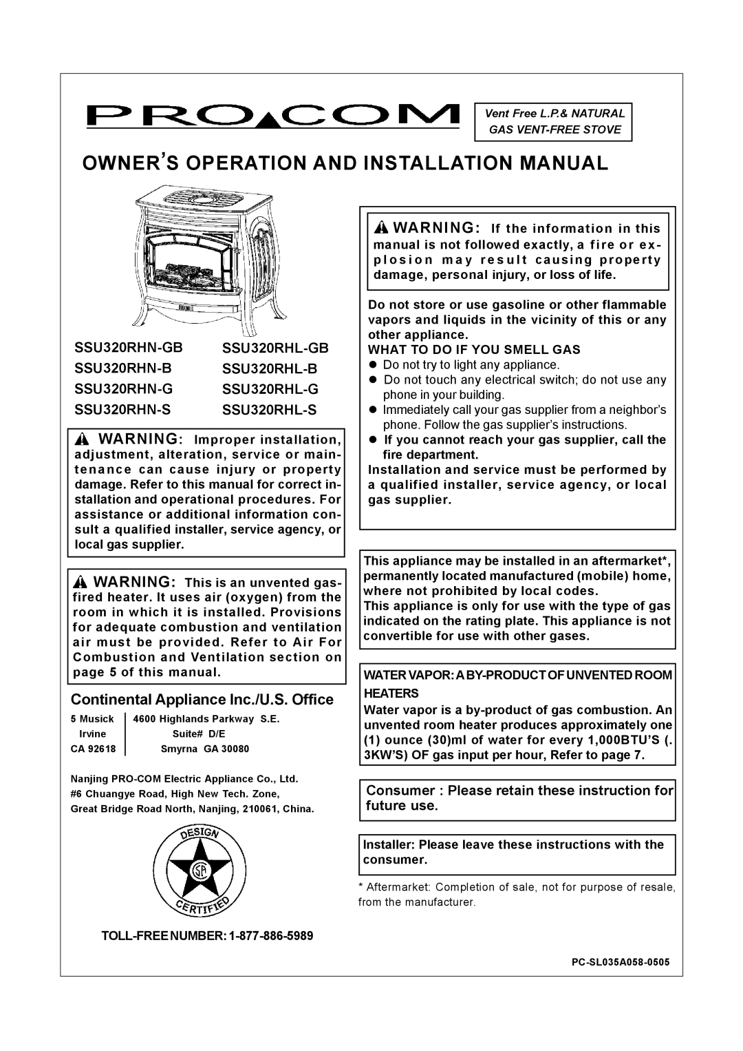 Procom SSU320RHN-S installation manual What to do if YOU Smell GAS, WATERVAPORABY-PRODUCTOFUNVENTED Room Heaters 