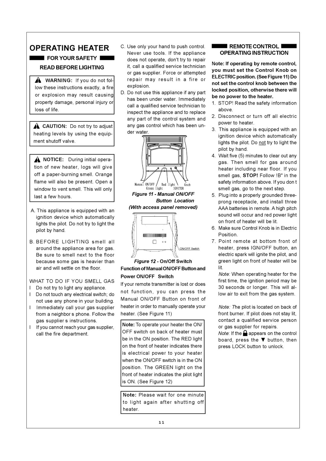 Procom SSU320RHL-S Operating Heater, For Your Safety Read Before Lighting, Remotecontrol Operating Instruction 