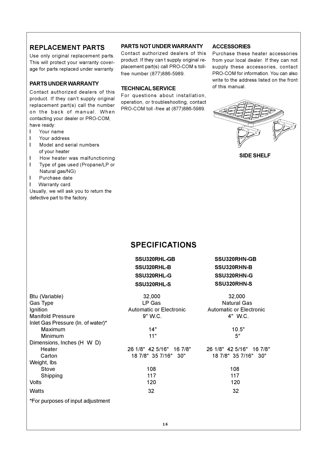 Procom SSU320RHN-GB, SSU320RHN-S, SSU320RHL-S, SSU320RHL-GB, SSU320RHN-B, SSU320RHL-B Specifications, Replacement Parts 