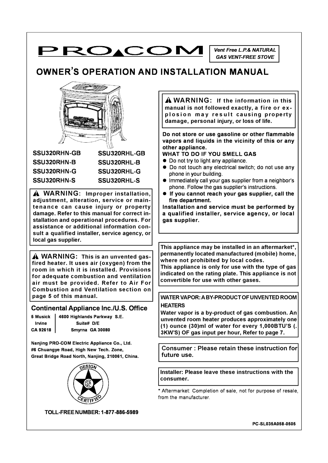 Procom SSU320RHN-S installation manual Continental Appliance Inc./U.S. Office, Owner’S Operation And Installation Manual 