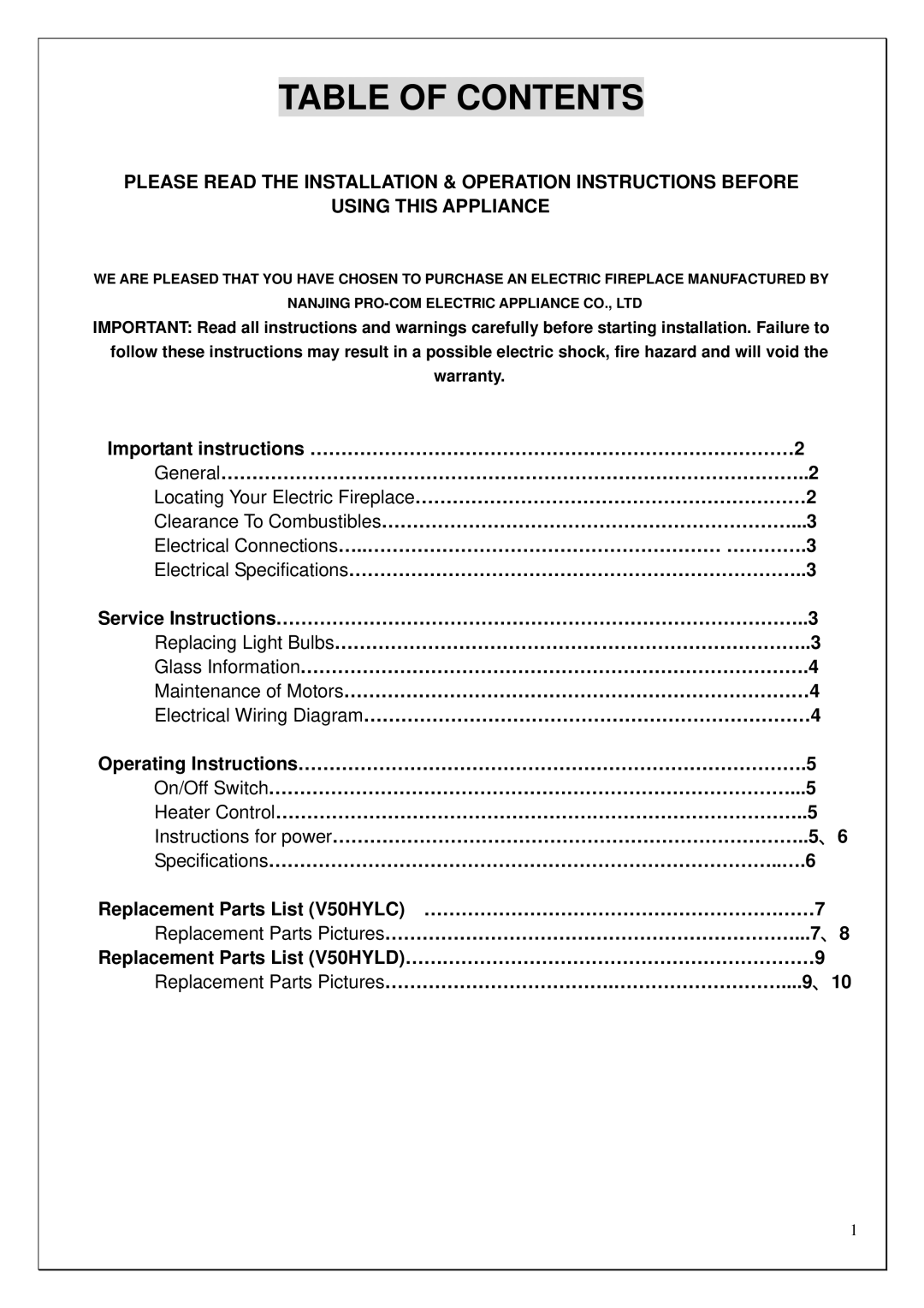 Procom V50HYLC, V50HYLD installation instructions Table of Contents 