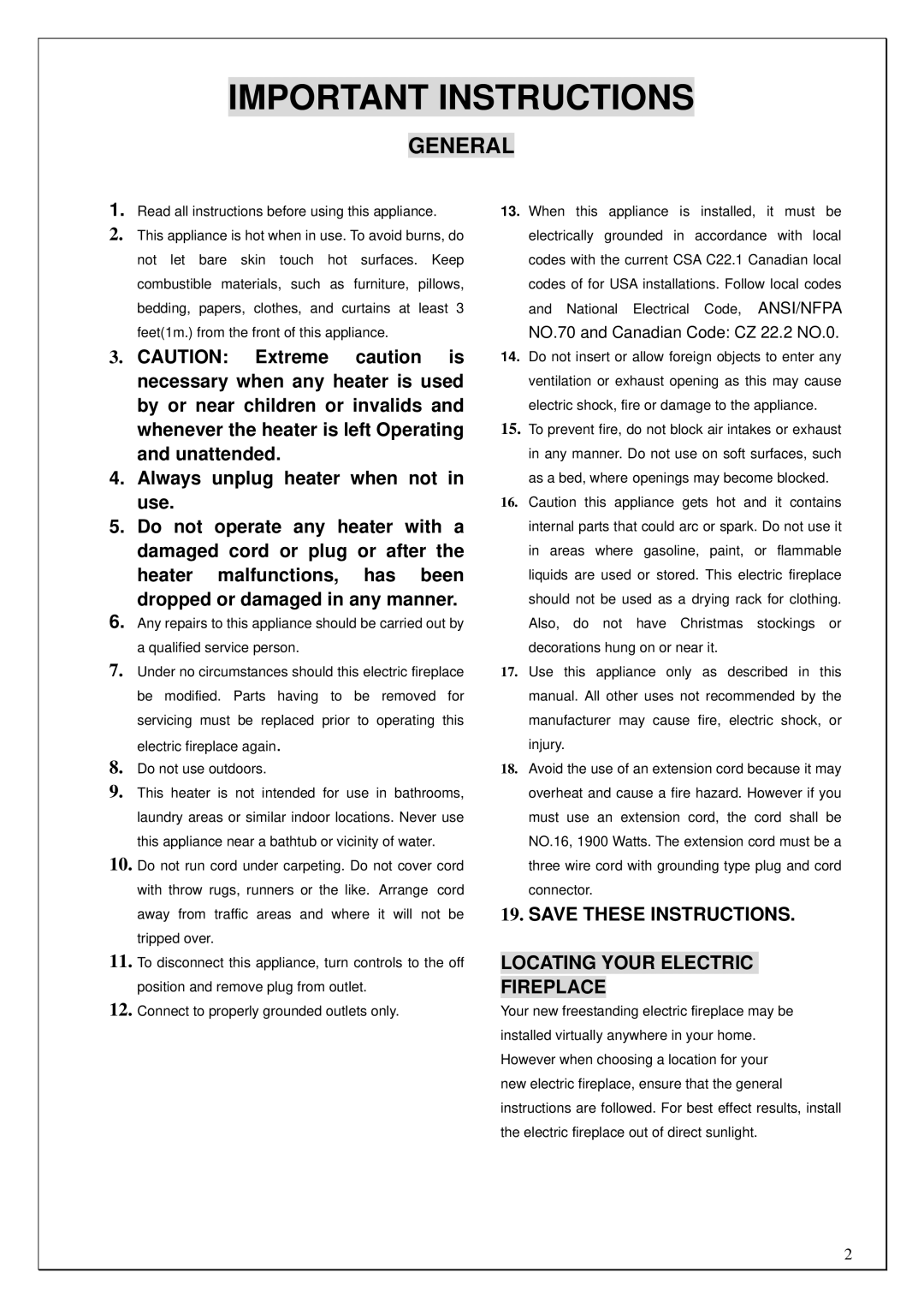 Procom V50HYLD, V50HYLC installation instructions Important Instructions, Locating Your Electric Fireplace 