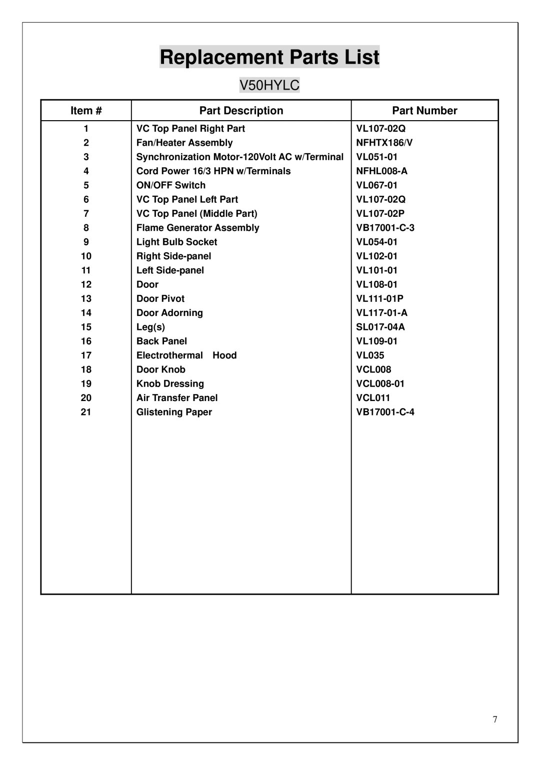 Procom V50HYLC, V50HYLD installation instructions Replacement Parts List 