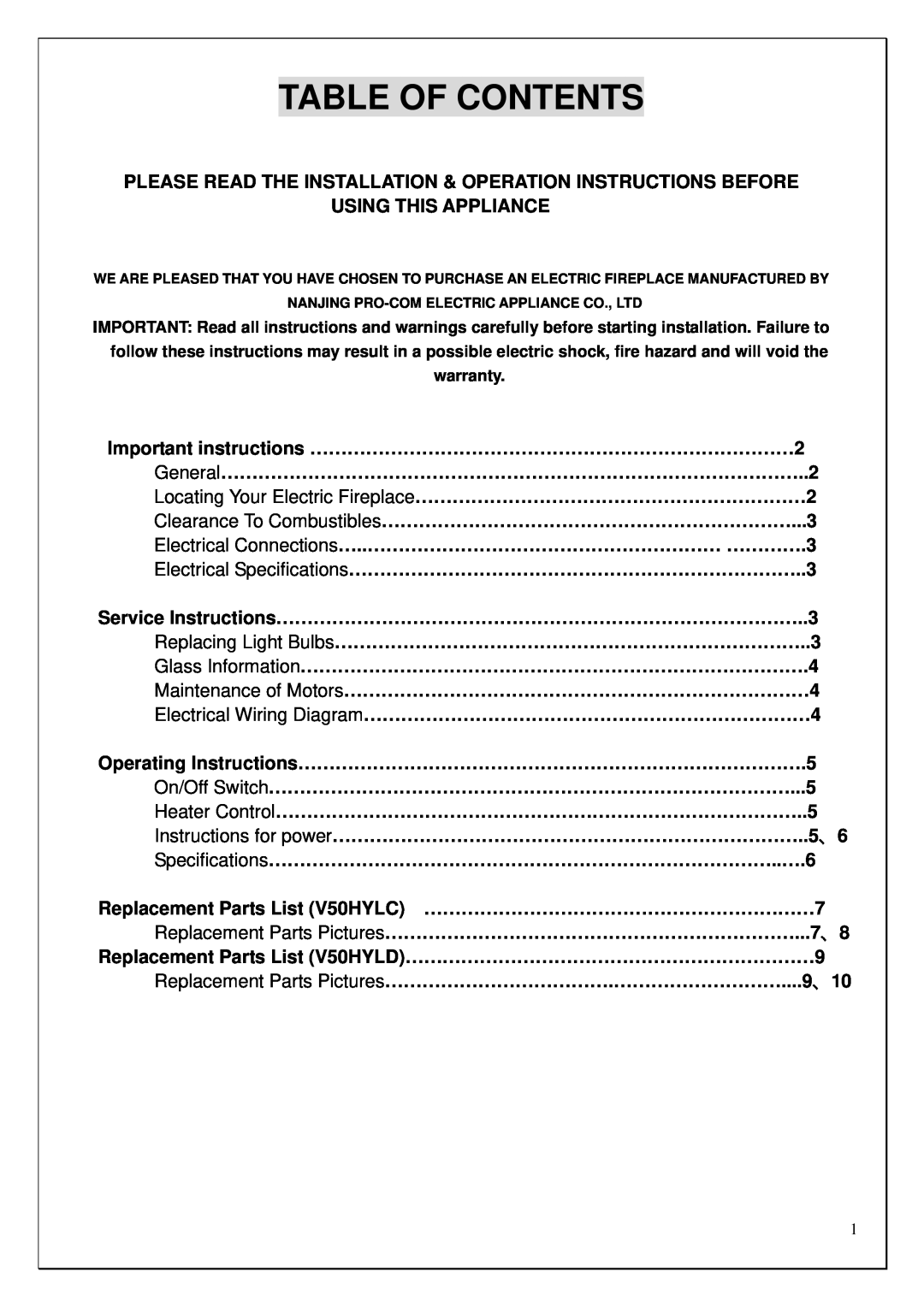Procom V50HYLC, V50HYLD installation instructions Table Of Contents 