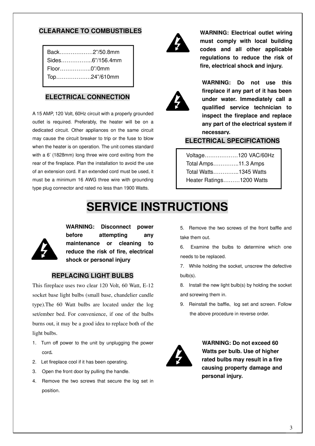 Procom V50HYLC, V50HYLD Service Instructions, Clearance To Combustibles, Electrical Connection, Electrical Specifications 
