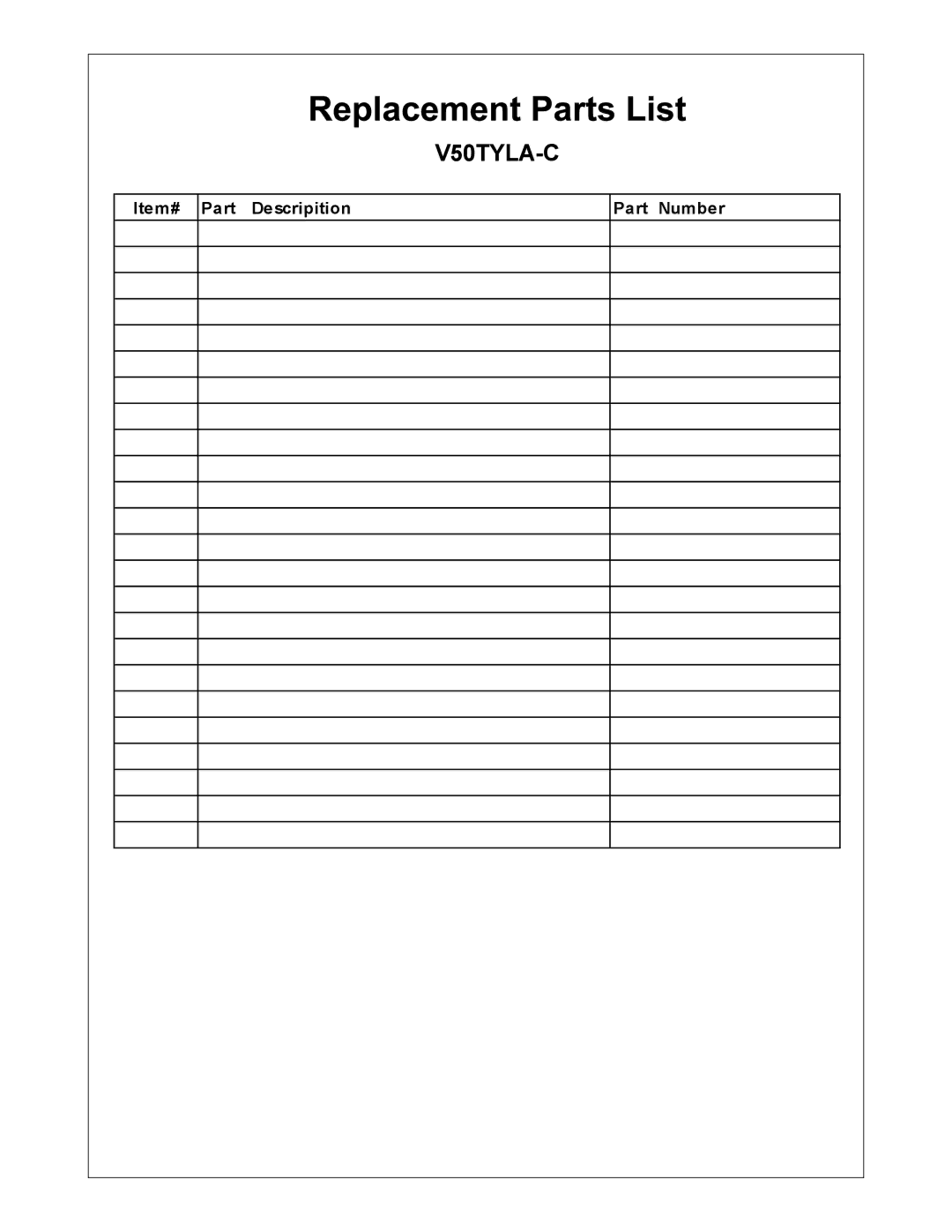 Procom V50TYLAR-BC, V50TYLA-DO, V50TYLA-O, V50TYLA-BC installation instructions V50TYLA-C, Item# Part Descripition Part Number 