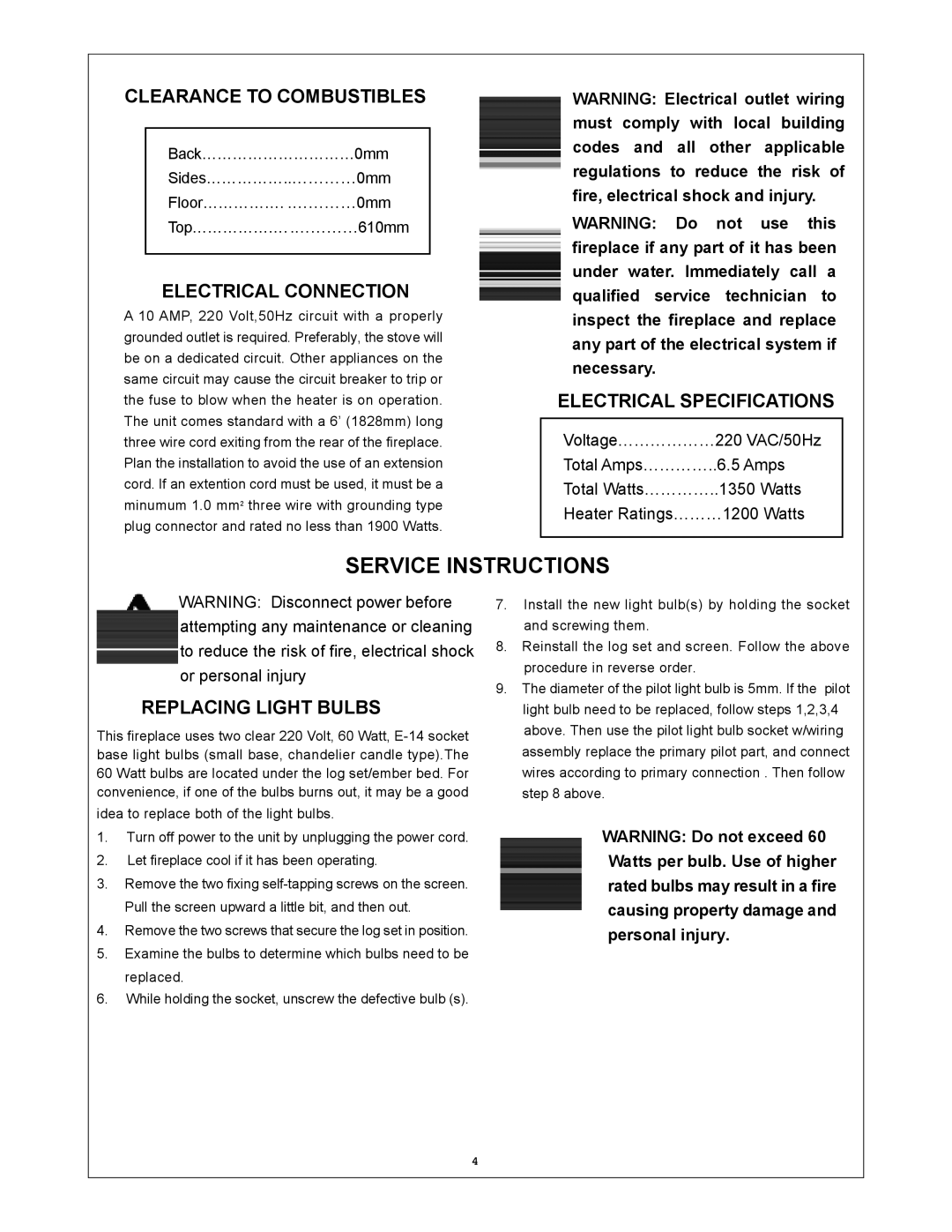 Procom V50TYLA-BC Clearance to Combustibles, Electrical Connection, Electrical Specifications, Replacing Light Bulbs 