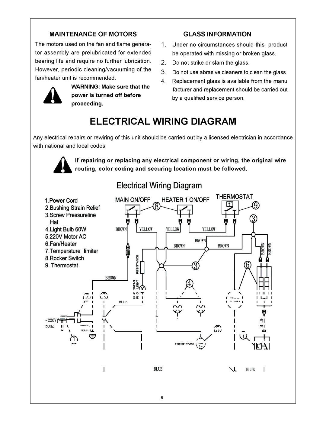 Procom V50TYLAR-BC, V50TYLA-DO, V50TYLA-C, V50TYLA-O, V50TYLA-BC Maintenance of Motors, Glass Information 