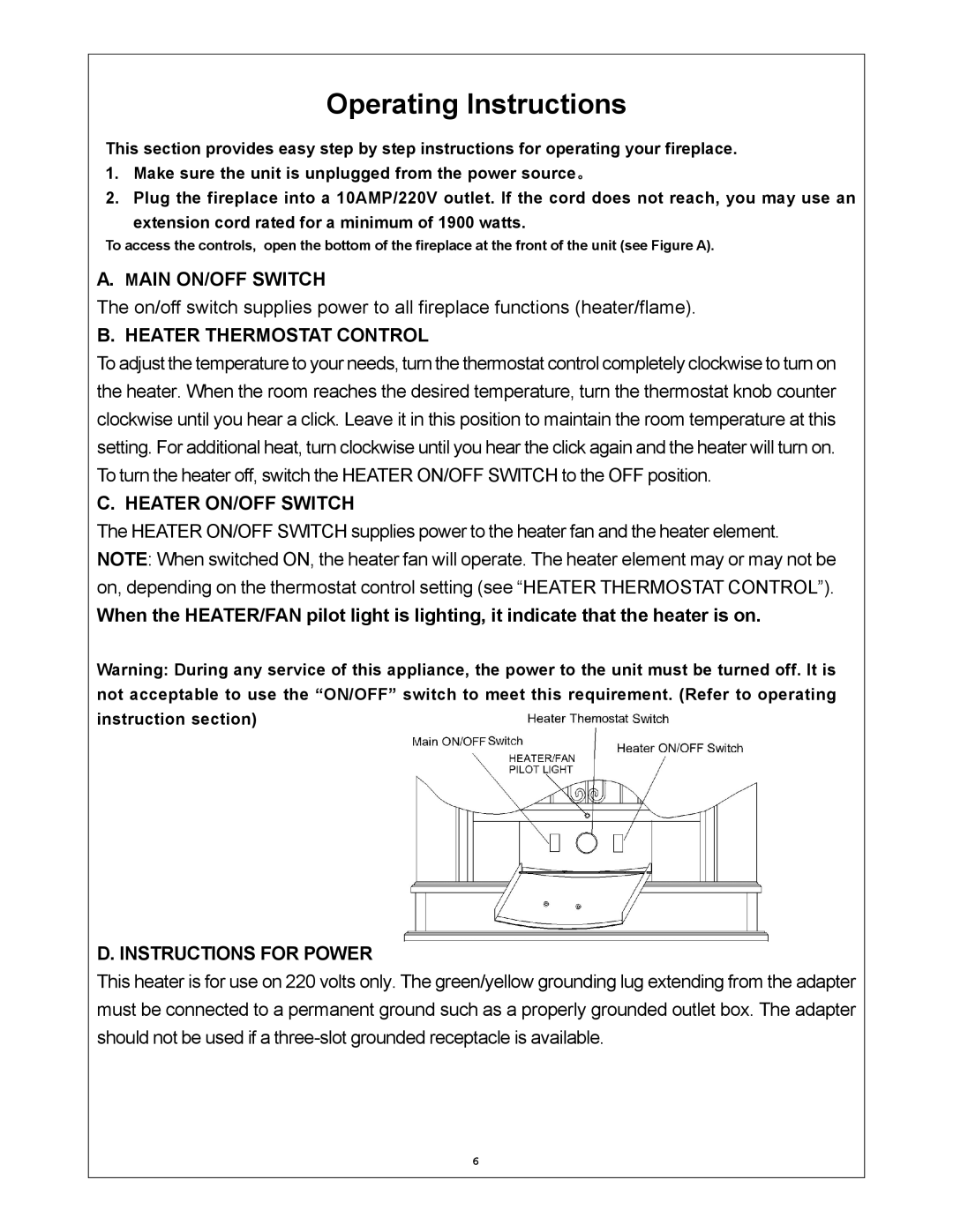 Procom V50TYLA-DO, V50TYLAR-BC Main ON/OFF Switch, Heater Thermostat Control, Heater ON/OFF Switch, Instructions for Power 