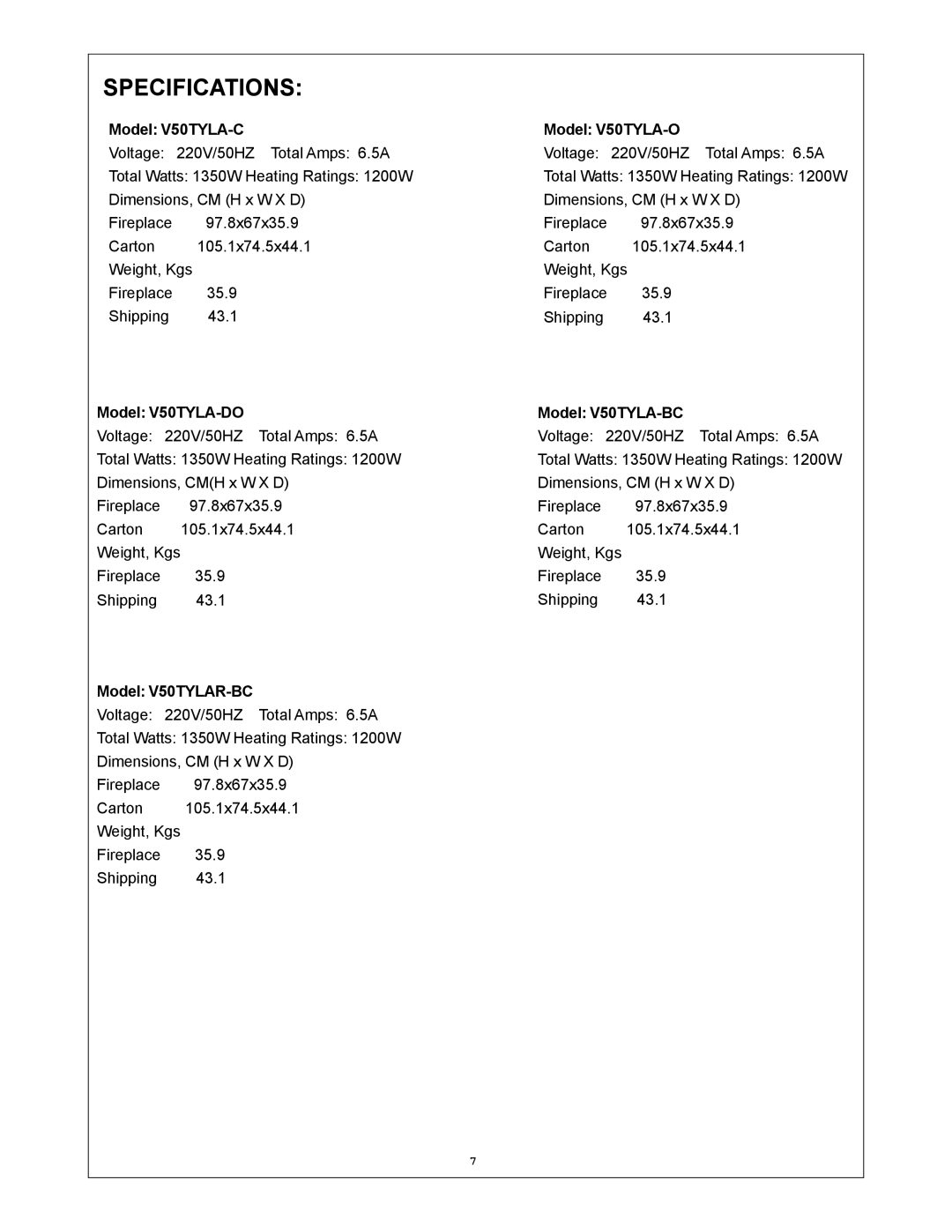 Procom V50TYLAR-BC, V50TYLA-DO, V50TYLA-BC installation instructions Specifications, Model V50TYLA-C Model V50TYLA-O 