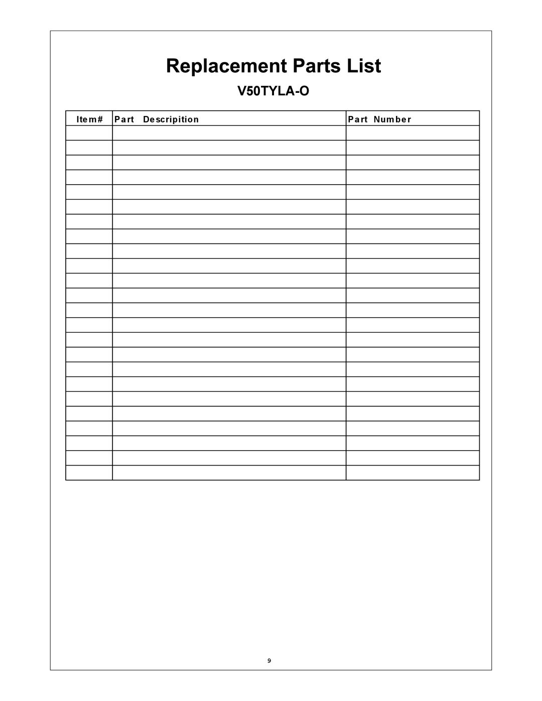 Procom V50TYLA-BC, V50TYLAR-BC, V50TYLA-DO, V50TYLA-C installation instructions V50TYLA-O, Item# Part Descripition Part Number 