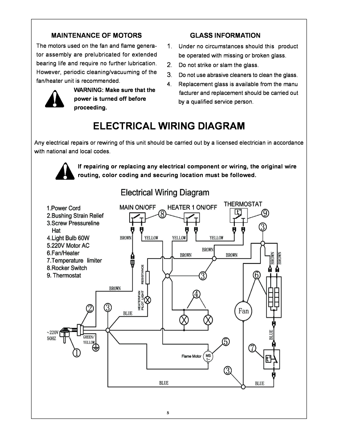 Procom V50TYLAR-BC, V50TYLA-DO, V50TYLA-C, V50TYLA-O Electrical Wiring Diagram, Maintenance Of Motors, Glass Information 
