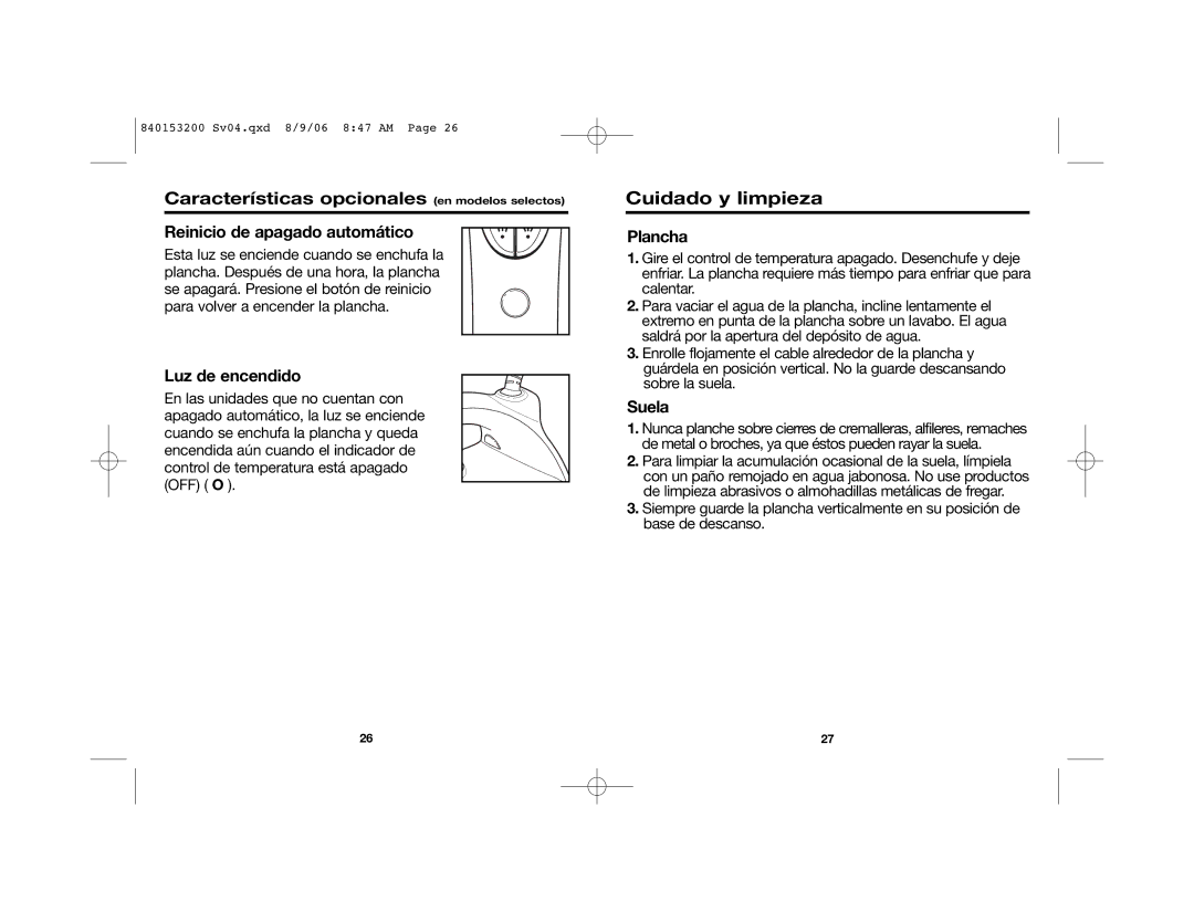 Proctor-Silex 17130, 17135, 17150 manual Cuidado y limpieza, Reinicio de apagado automático, Luz de encendido, Plancha, Suela 