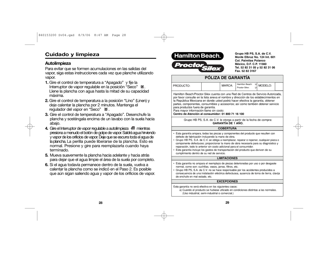 Proctor-Silex 17135, 17130, 17150 manual Autolimpieza, Póliza DE Garantía 