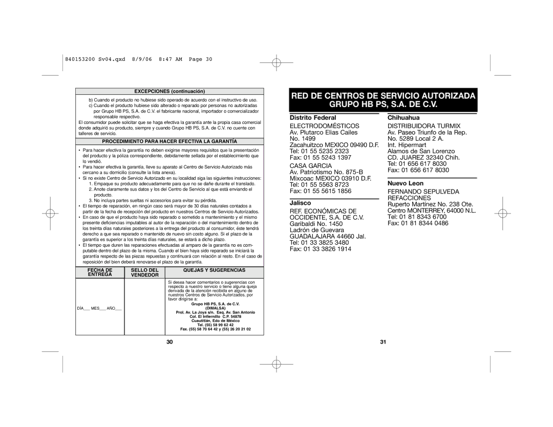 Proctor-Silex 17150, 17130, 17135 manual Distrito Federal, Jalisco, Chihuahua, Nuevo Leon 