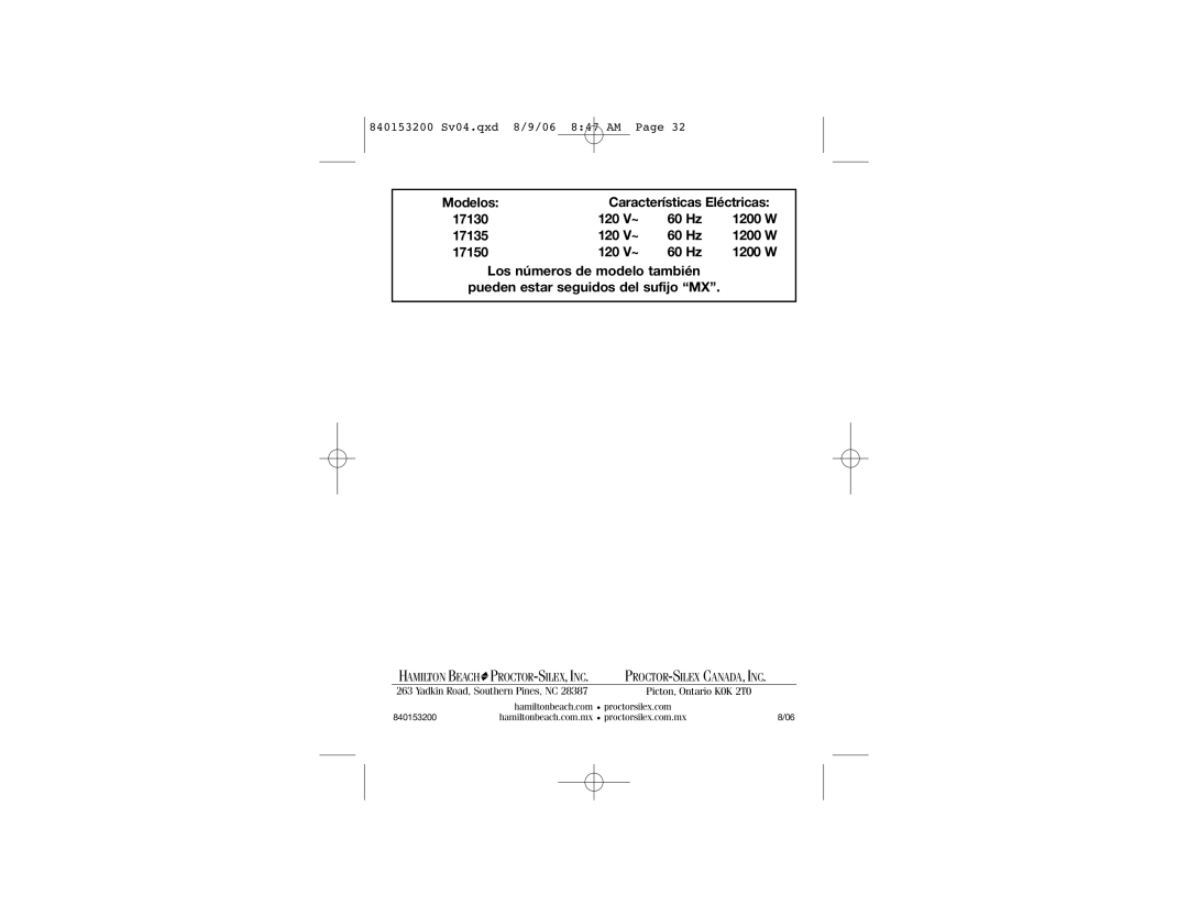 Proctor-Silex 17130, 17135, 17150 manual 120 V~ 60 Hz, Proctor-Silex, Inc 