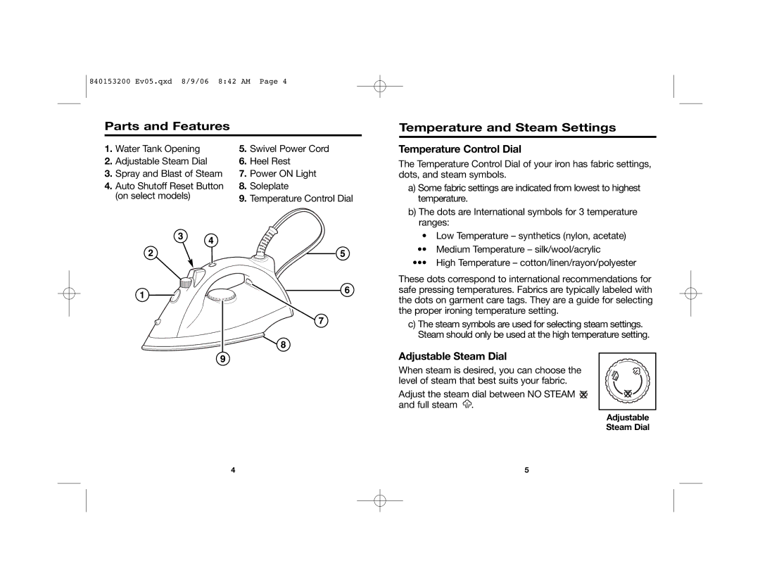 Proctor-Silex 17130 Parts and Features, Temperature and Steam Settings, Temperature Control Dial, Adjustable Steam Dial 