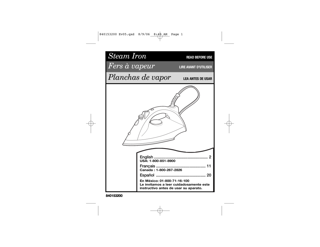 Proctor-Silex 17135 manual Steam Iron Fers à vapeur, Planchas de vapor, Read Before Use Lire Avant D’Utiliser, English 