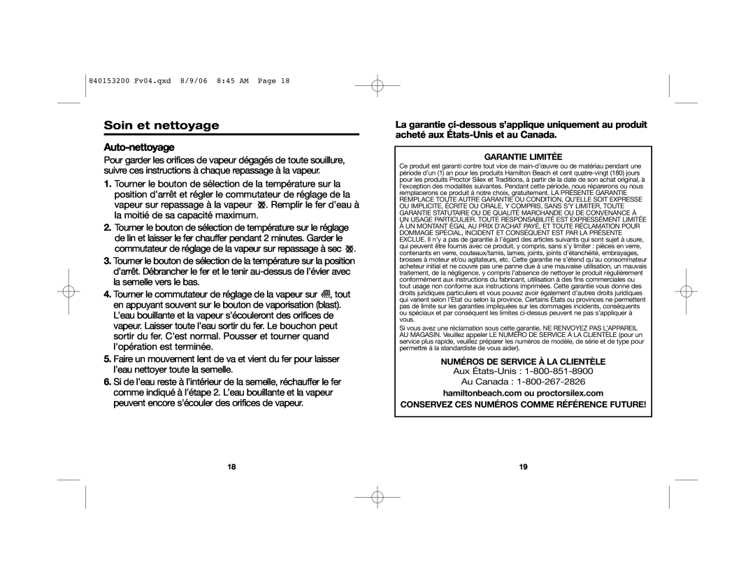Proctor-Silex 17150, 17130, 17135 manual Auto-nettoyage, Aux États-Unis Au Canada, Soin et nettoyage 