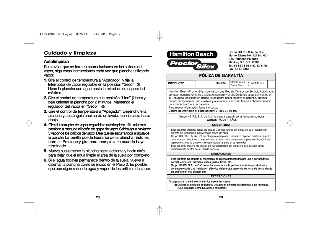 Proctor-Silex 17135, 17130, 17150 manual Autolimpieza, Cuidado y limpieza, Póliza De Garantía 
