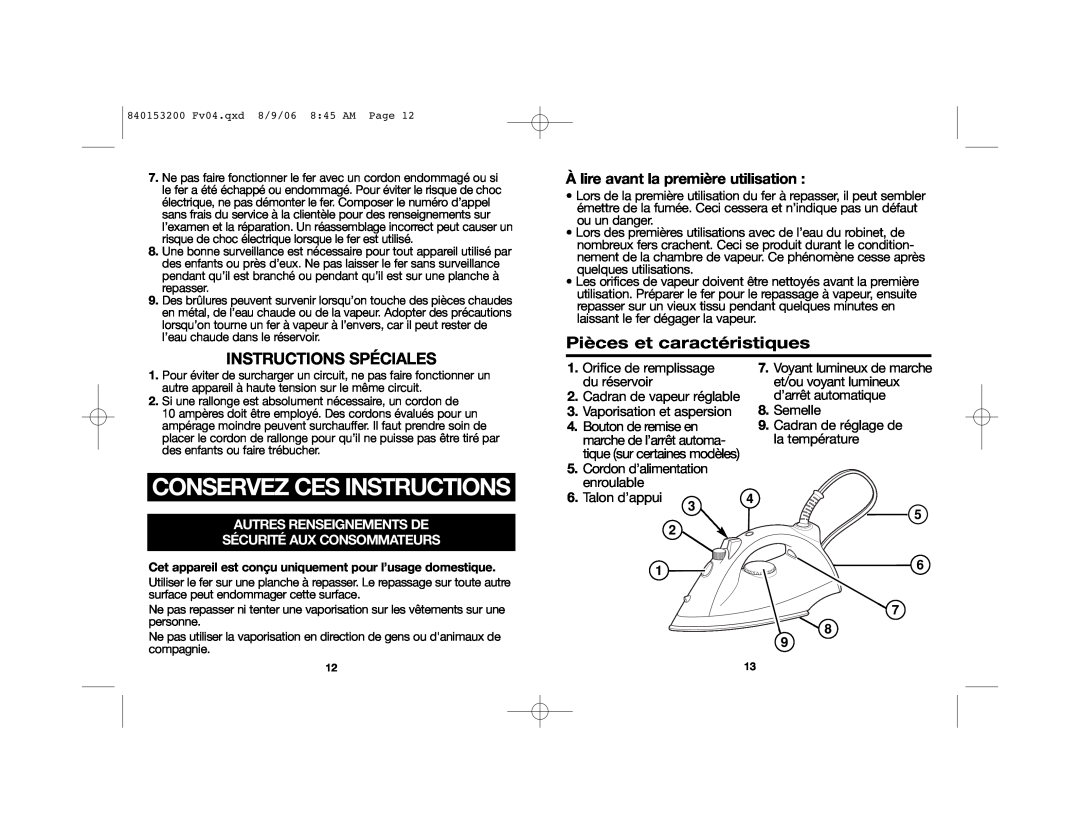 Proctor-Silex 17150, 17130, 17135 manual Conservez Ces Instructions, Pièces et caractéristiques, Instructions Spéciales 