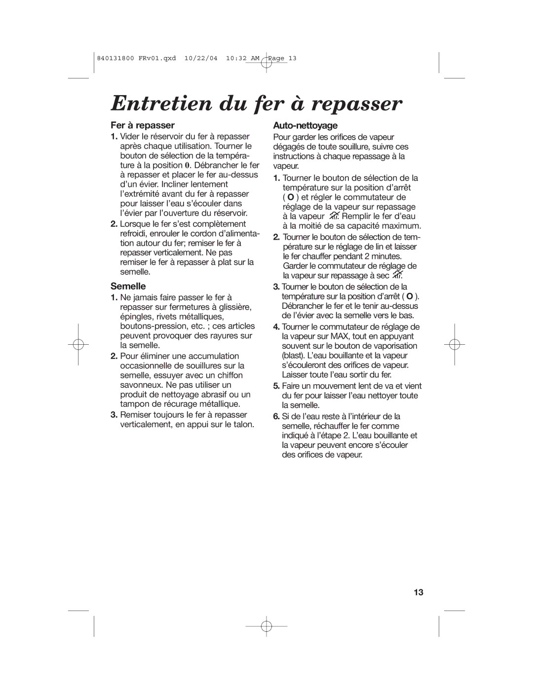 Proctor-Silex 17600, 17610 manual Entretien du fer à repasser, Fer à repasser, Semelle, Auto-nettoyage 