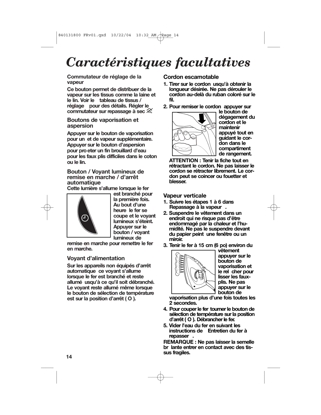 Proctor-Silex 17610, 17600 manual Caractéristiques facultatives, Boutons de vaporisation et aspersion, Voyant d’alimentation 