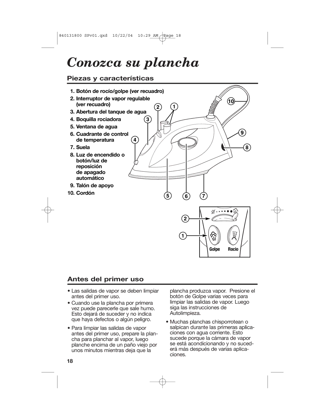 Proctor-Silex 17610, 17600 manual Conozca su plancha, Piezas y características, Antes del primer uso 