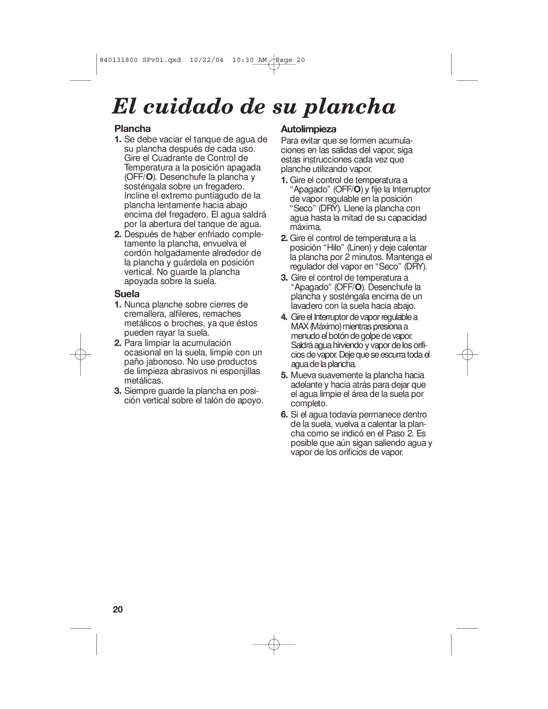 Proctor-Silex 17610, 17600 manual El cuidado de su plancha, Plancha, Suela, Autolimpieza 