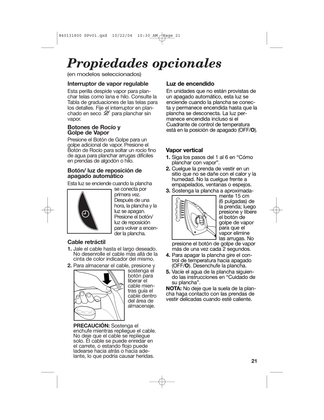 Proctor-Silex 17600, 17610 manual Propiedades opcionales 