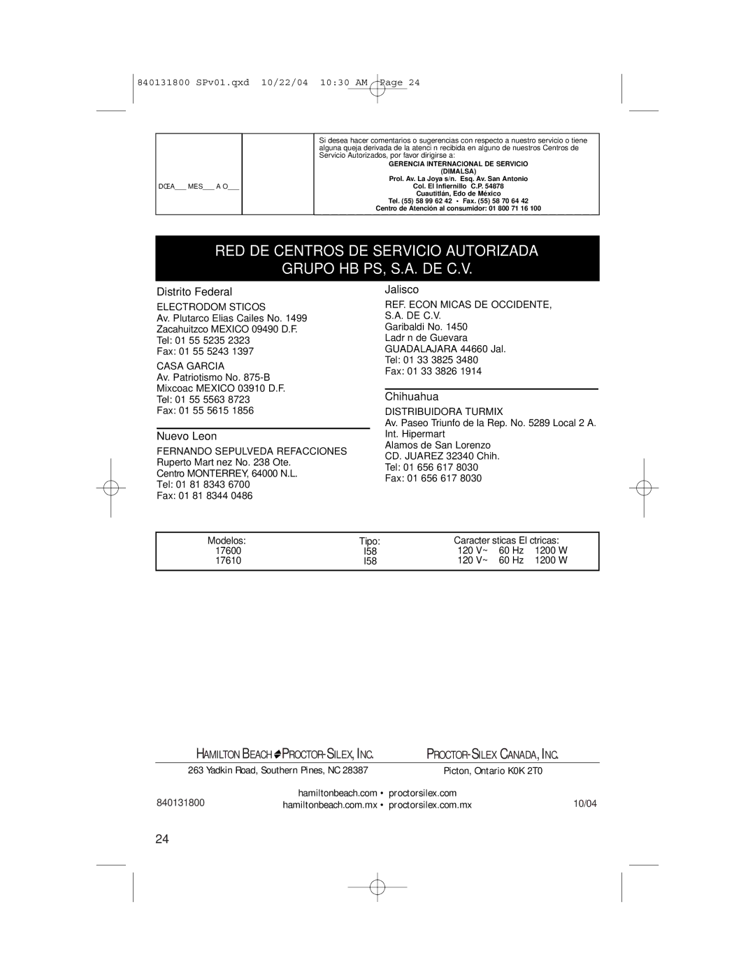 Proctor-Silex 17610, 17600 manual Distrito Federal 