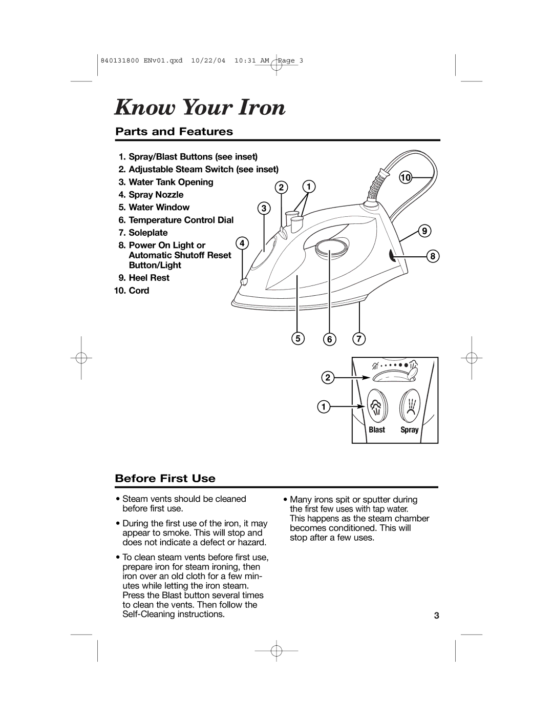 Proctor-Silex 17600, 17610 manual Know Your Iron, Parts and Features, Before First Use 