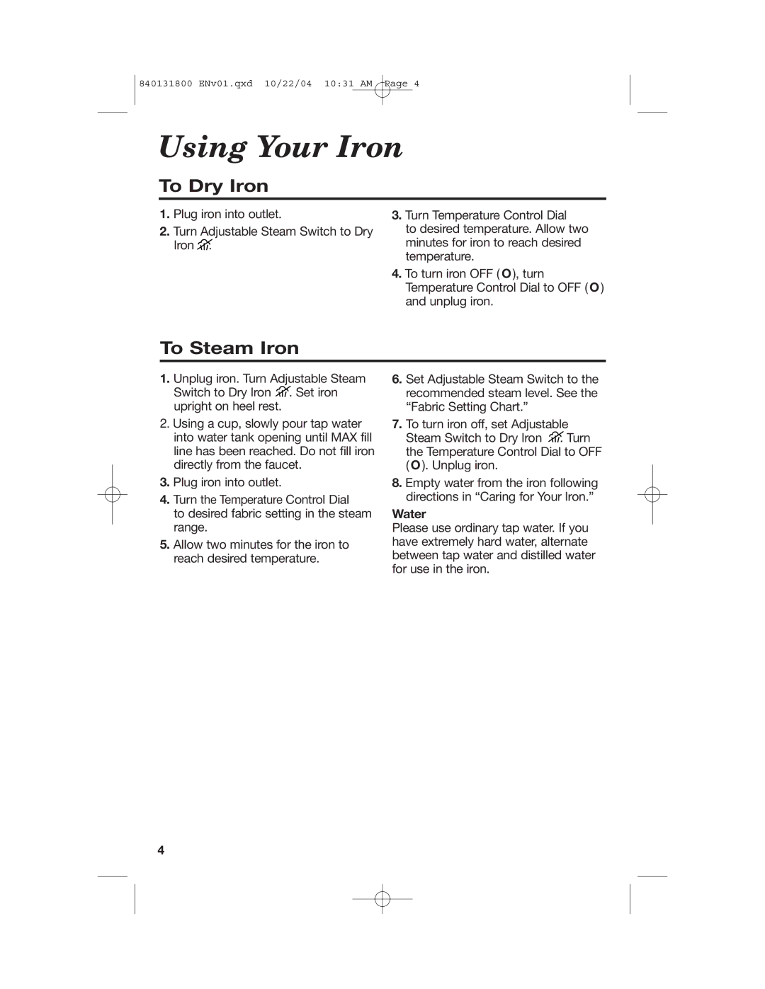 Proctor-Silex 17610, 17600 manual Using Your Iron, Water 