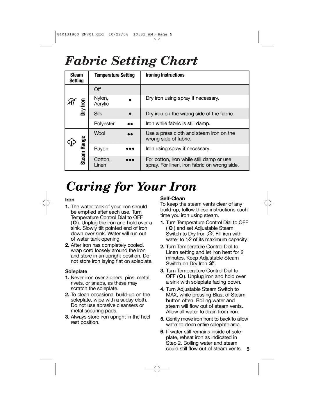 Proctor-Silex 17600, 17610 manual Fabric Setting Chart, Caring for Your Iron, Steam Range Dry Iron 