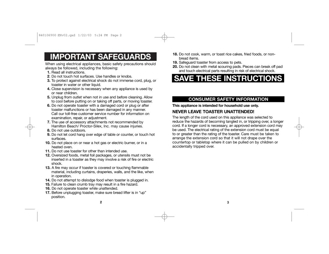 Proctor-Silex 24450 manual Important Safeguards 