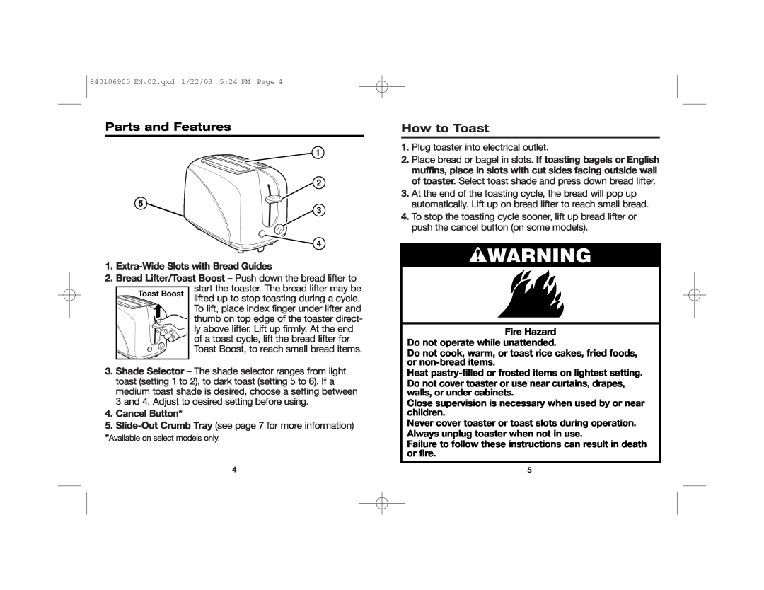 Proctor-Silex 24450 manual wWARNING, Parts and Features, How to Toast 