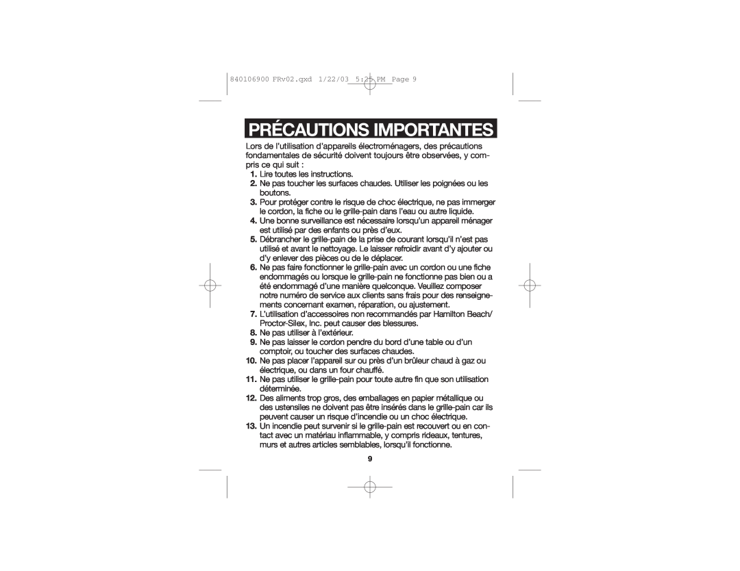 Proctor-Silex 24450 manual Précautions Importantes 