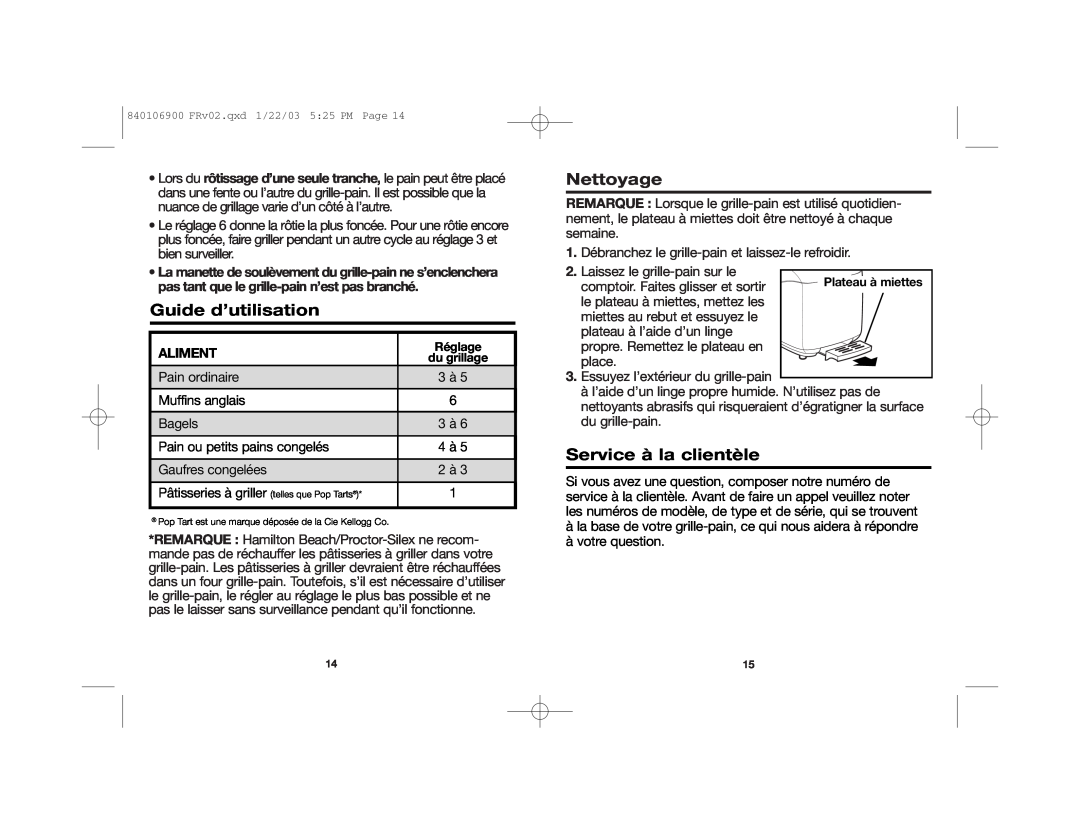 Proctor-Silex 24450 manual Guide d’utilisation, Nettoyage, Service à la clientèle, Aliment 