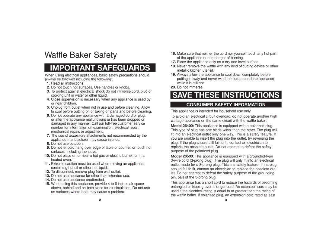 Proctor-Silex 26008Y manual Waffle Baker Safety, Important Safeguards 