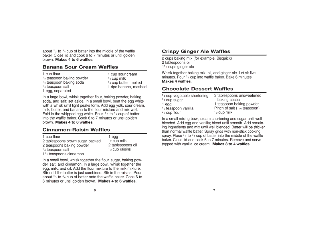 Proctor-Silex 26008Y manual Banana Sour Cream Waffles, Cinnamon-Raisin Waffles, Crispy Ginger Ale Waffles 