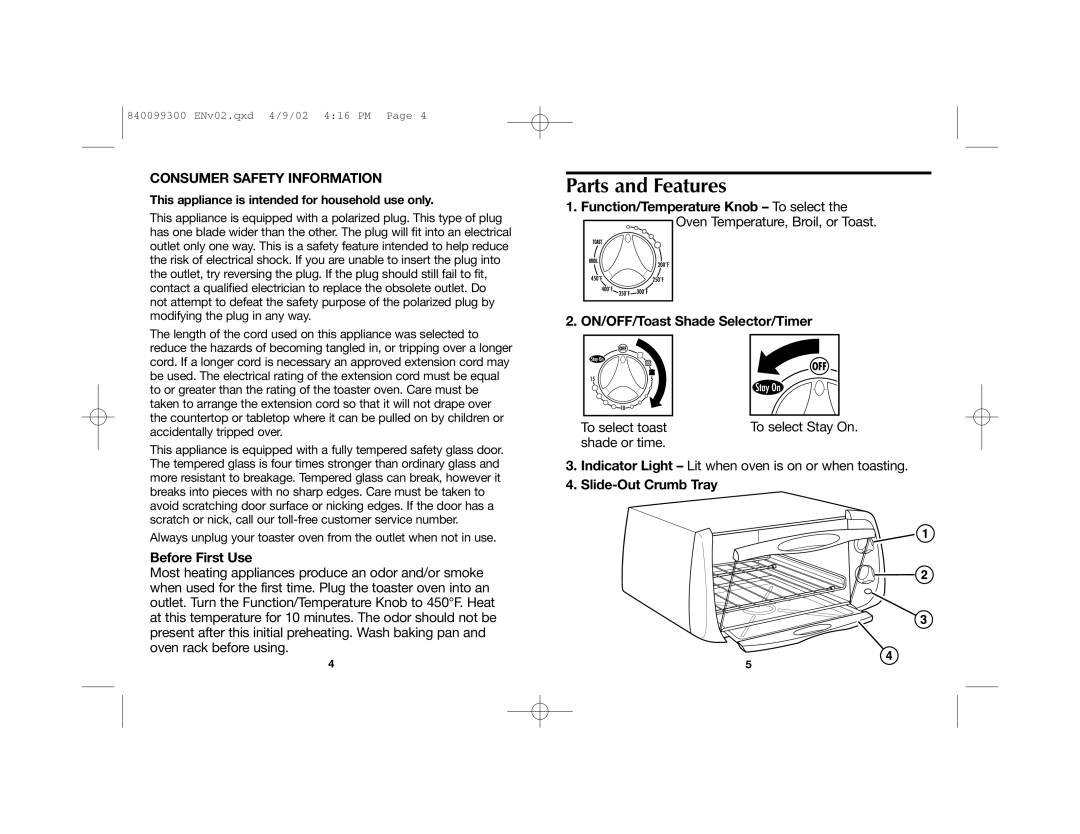 Proctor-Silex 31135 manual Parts and Features, Before First Use, Slide-Out Crumb Tray 