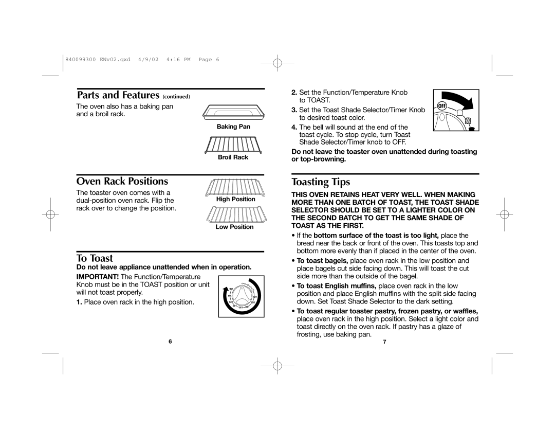 Proctor-Silex 31135 Oven Rack Positions, To Toast, Toasting Tips, Do not leave appliance unattended when in operation 