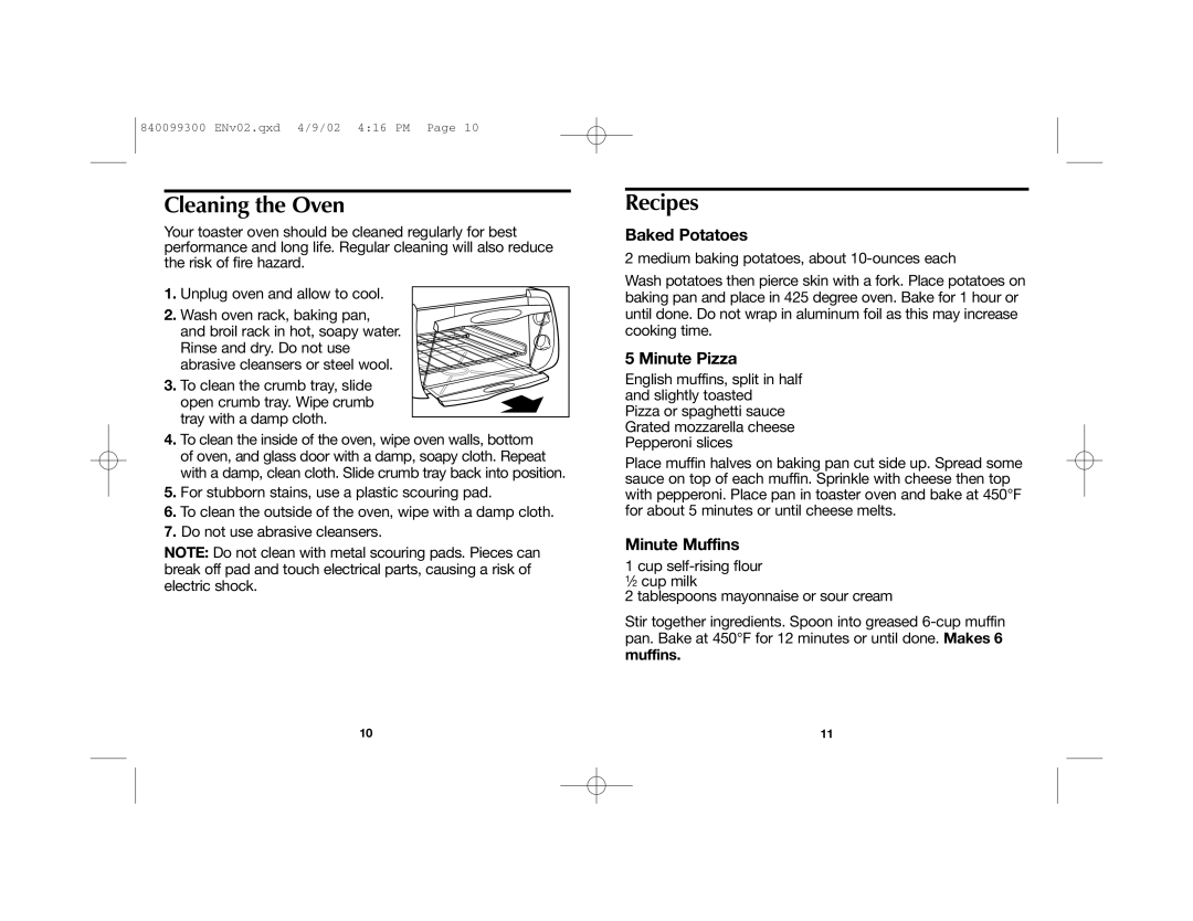 Proctor-Silex 31135 manual Cleaning the Oven, Recipes, Baked Potatoes, Minute Pizza, Minute Muffins 