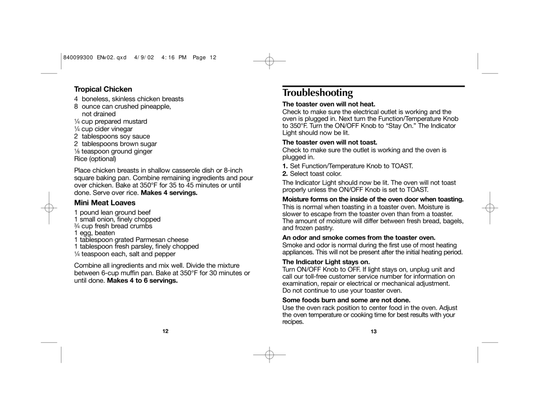 Proctor-Silex 31135 manual Troubleshooting, Tropical Chicken, Mini Meat Loaves 