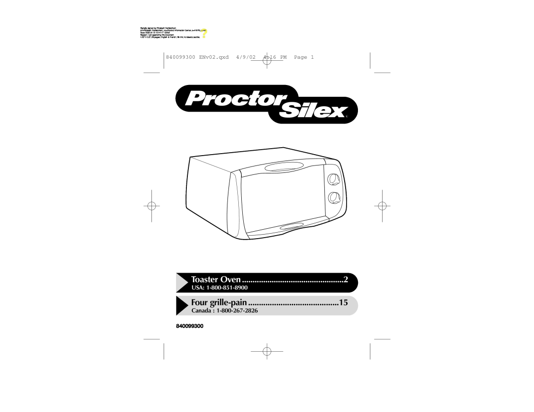 Proctor-Silex 31135 manual Toaster Oven, Four grille-pain, Usa, Canada, 840099300 ENv02.qxd 4/9/02 4 16 PM Page 
