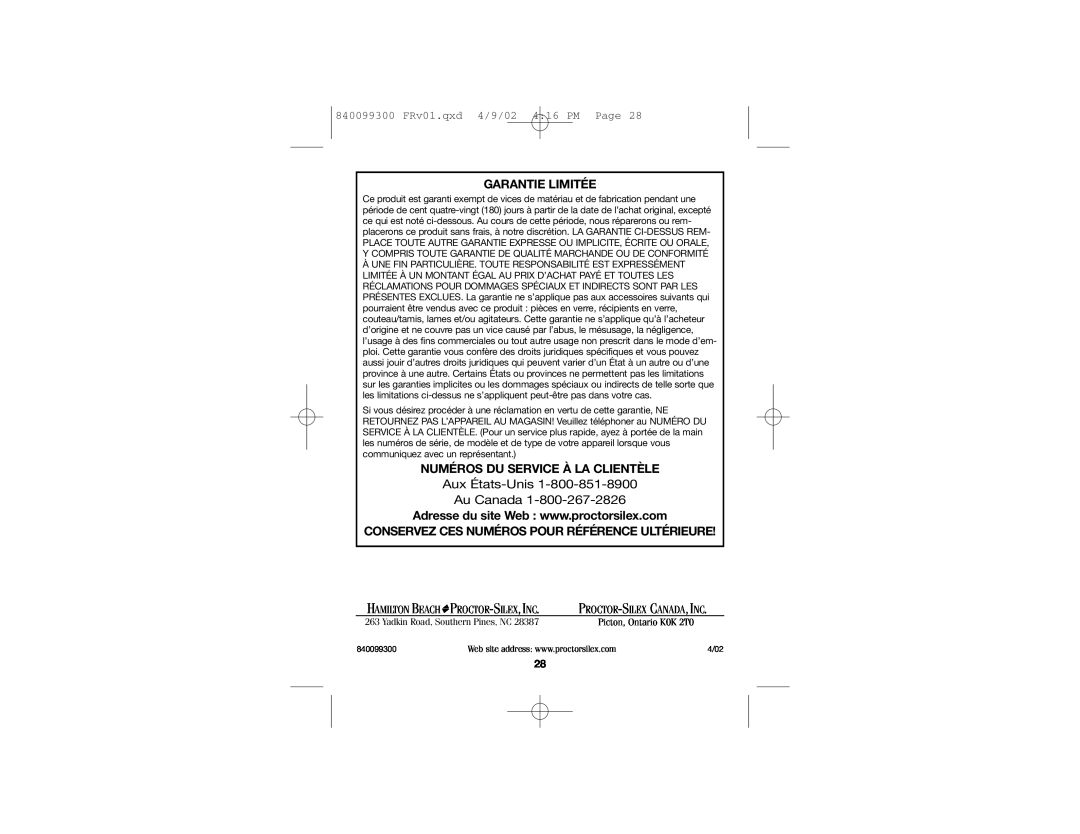 Proctor-Silex 31135 manual Aux États-Unis Au Canada, Garantie Limitée, Numéros Du Service À La Clientèle, Proctor-Silex,Inc 
